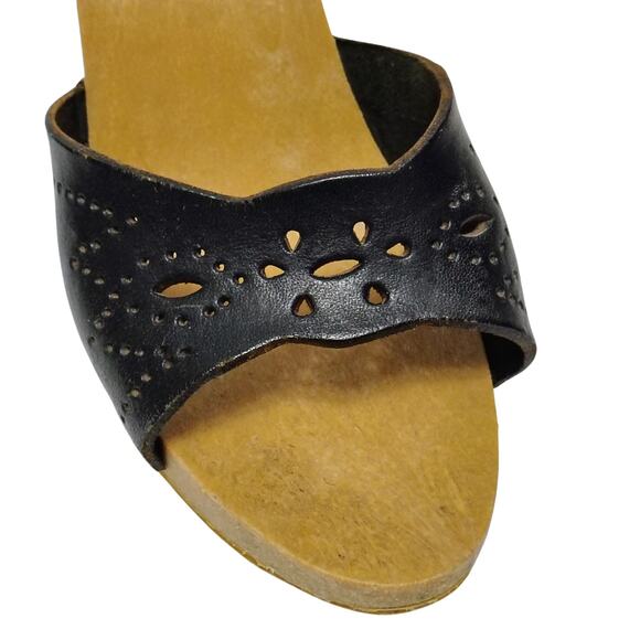 1970s Candies Style Faux Wood Heels Black Leather Vintage Pumps US 5 EUR 36 - Picture 4 of 6